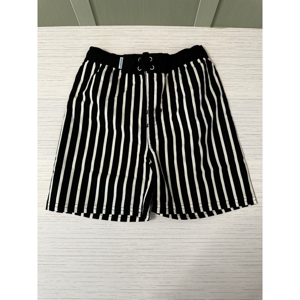 RuggedButts Boys Black White Striped Swim Trunks Board Shorts Size 6